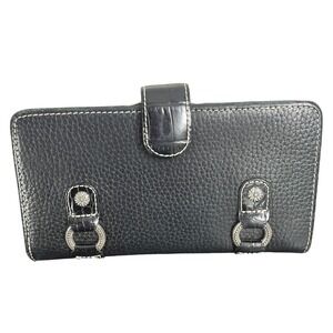 Brighton Black Grained Leather Kiss Lock Bifold Organizer Wallet Silver Western